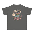 Packed Bags and Full Hearts Youth Tee – Kids' Comfort Colors Vacation Shirt in Pepper – flat lay