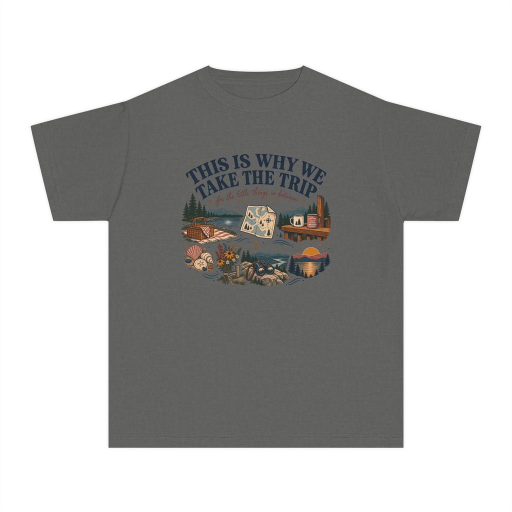 This Is Why We Take the Trip Youth Tee – Kids' Comfort Colors Lake Vacation Shirt in Pepper – flat lay