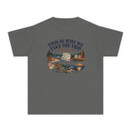 This Is Why We Take the Trip Youth Tee – Kids' Comfort Colors Lake Vacation Shirt in Pepper – flat lay