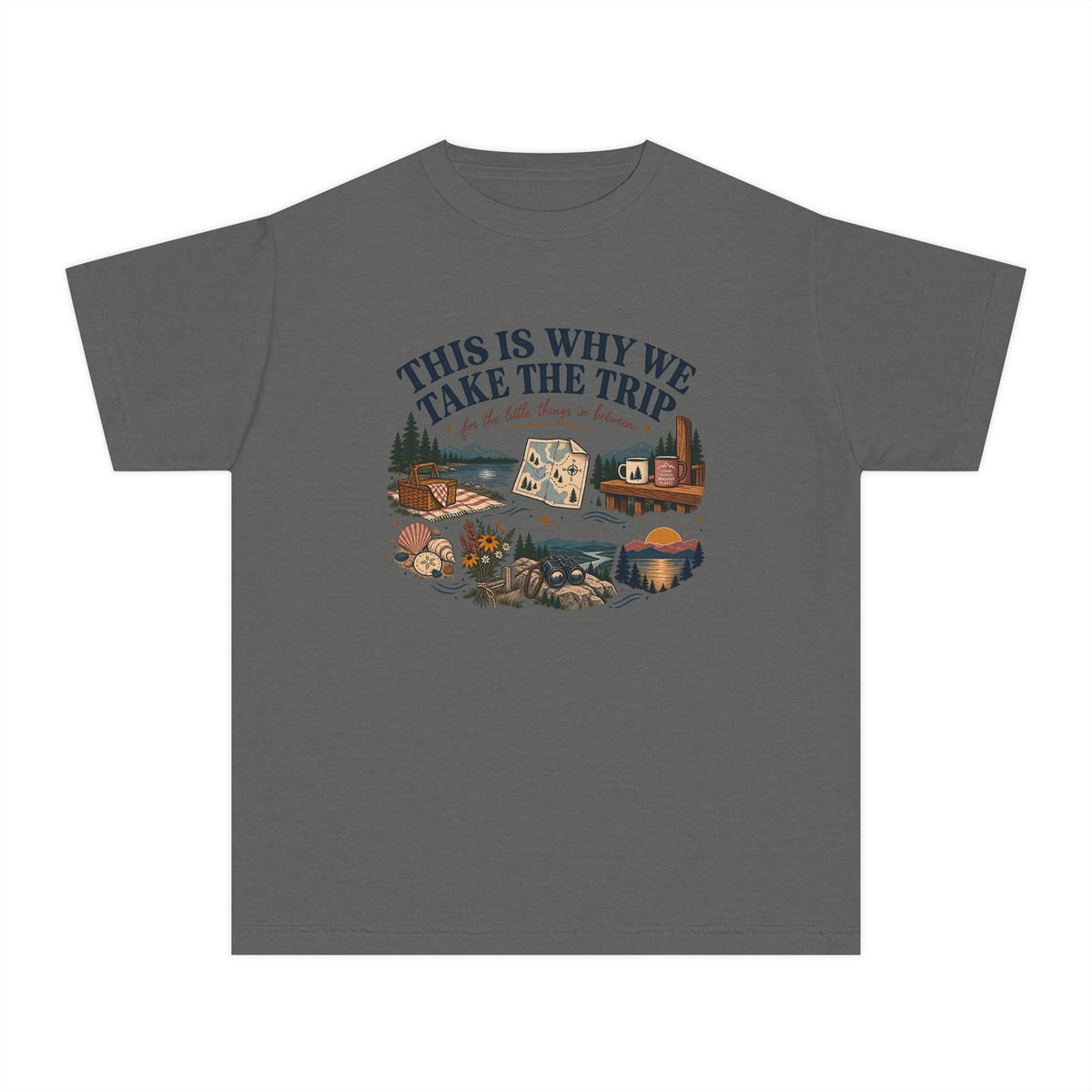 This Is Why We Take the Trip Youth Tee – Kids' Comfort Colors Lake Vacation Shirt in Pepper – flat lay