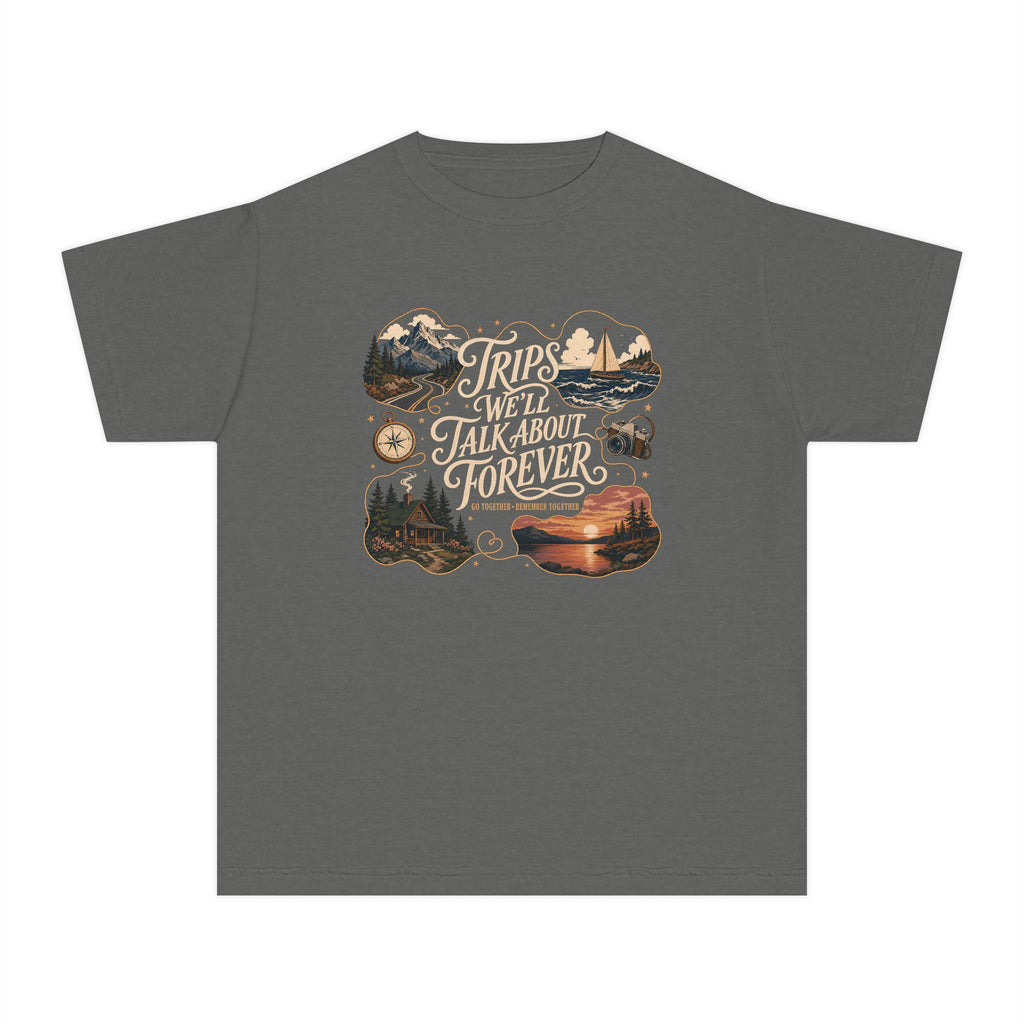 Trips We'll Talk About Forever Youth Tee – Kids' Comfort Colors Family Travel Shirt in Pepper – flat lay