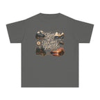 Trips We'll Talk About Forever Youth Tee – Kids' Comfort Colors Family Travel Shirt in Pepper – flat lay