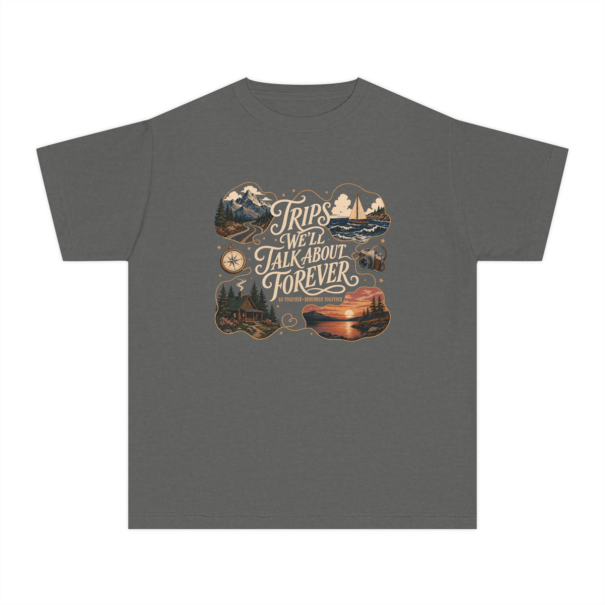 Trips We'll Talk About Forever Youth Tee – Kids' Comfort Colors Family Travel Shirt in Pepper – flat lay