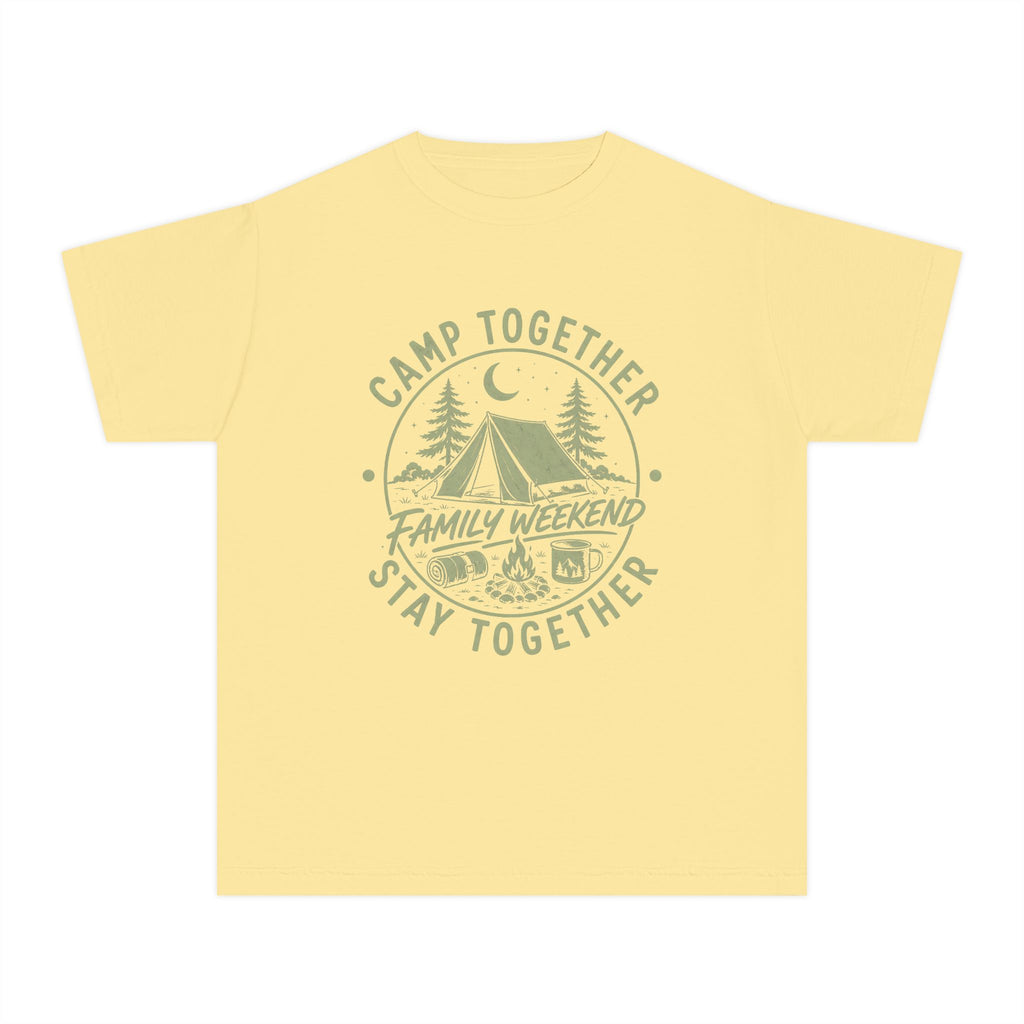Camp Together Stay Together Family Weekend Youth Tee – Kids' Comfort Colors Camping Shirt in Butter – flat lay