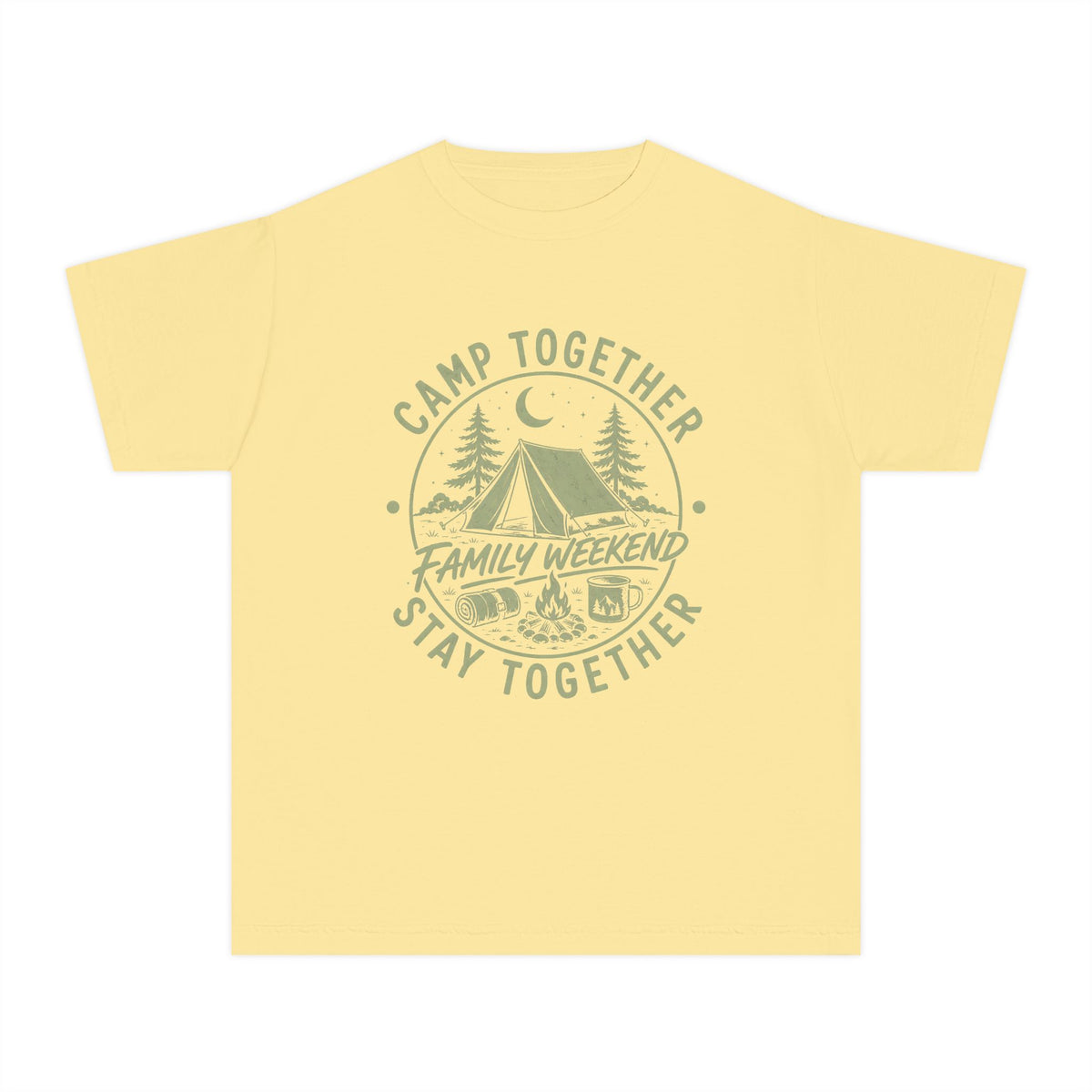 Camp Together Stay Together Family Weekend Youth Tee – Kids' Comfort Colors Camping Shirt in Butter – flat lay