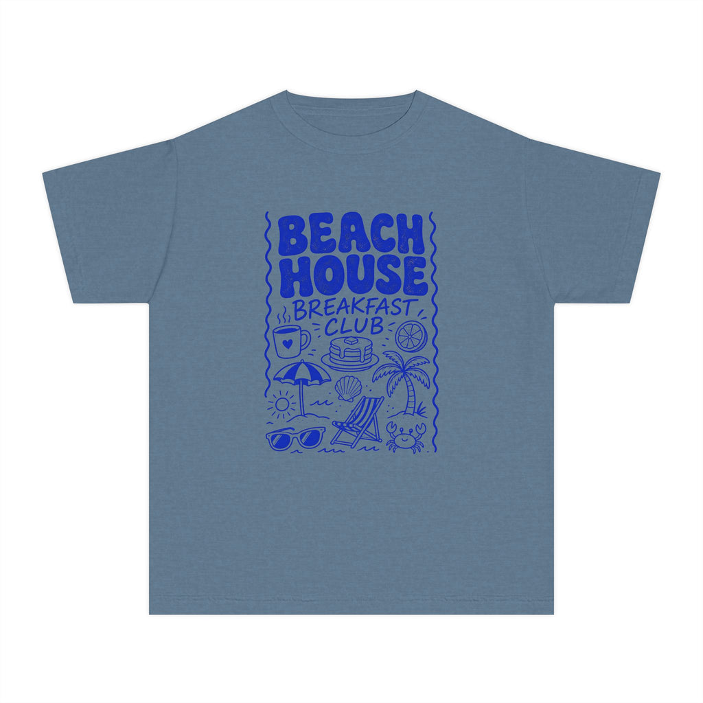 Beach House Breakfast Club Youth Tee – Kids' Comfort Colors Beach Vacation Shirt in Blue Jean – flat lay