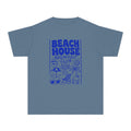 Beach House Breakfast Club Youth Tee – Kids' Comfort Colors Beach Vacation Shirt in Blue Jean – flat lay