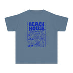 Beach House Breakfast Club Youth Tee – Kids' Comfort Colors Beach Vacation Shirt in Blue Jean – flat lay