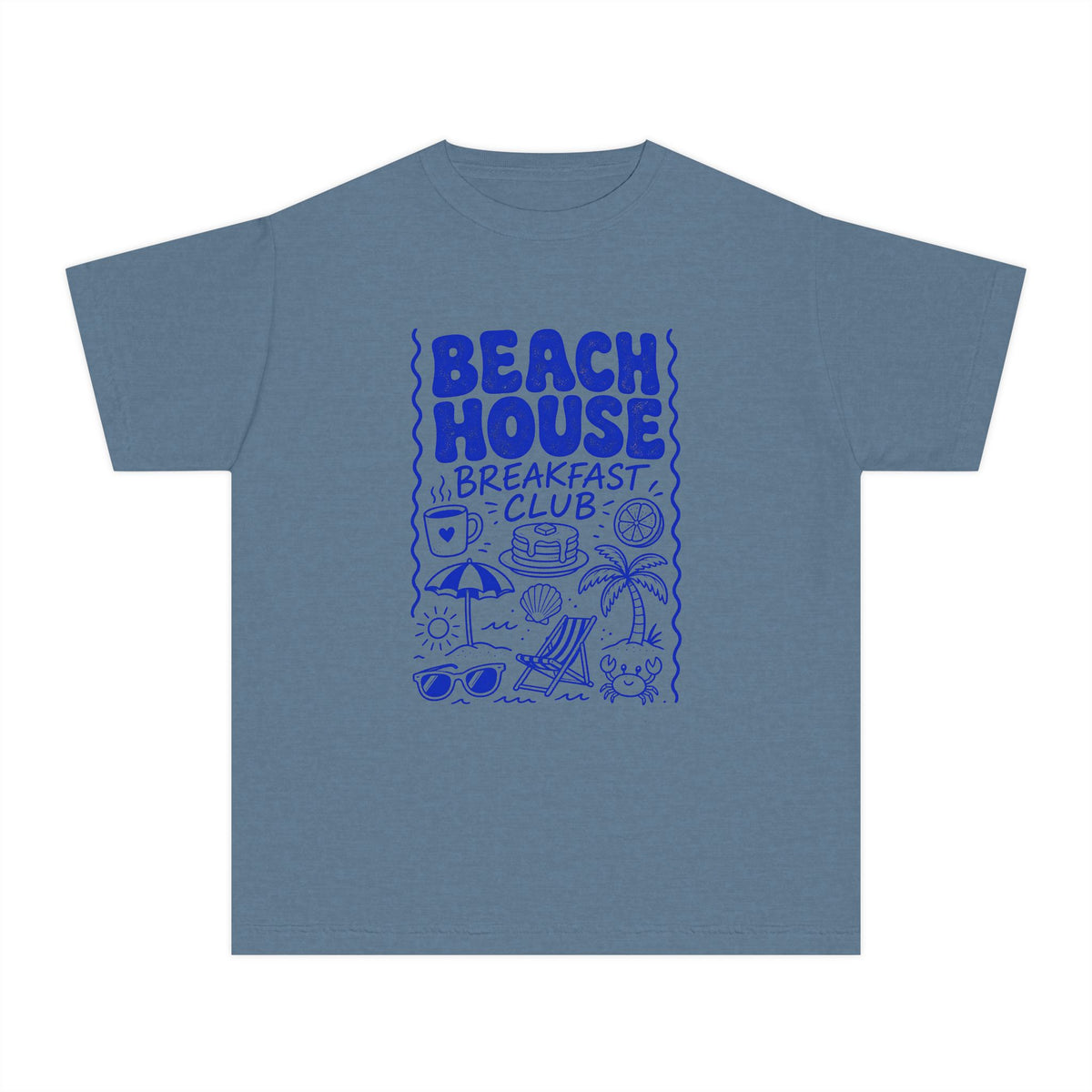 Beach House Breakfast Club Youth Tee – Kids' Comfort Colors Beach Vacation Shirt in Blue Jean – flat lay