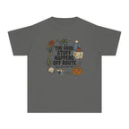 The Good Stuff Happens Off Route Youth Tee – Kids' Comfort Colors Road Trip Shirt in Pepper – flat lay