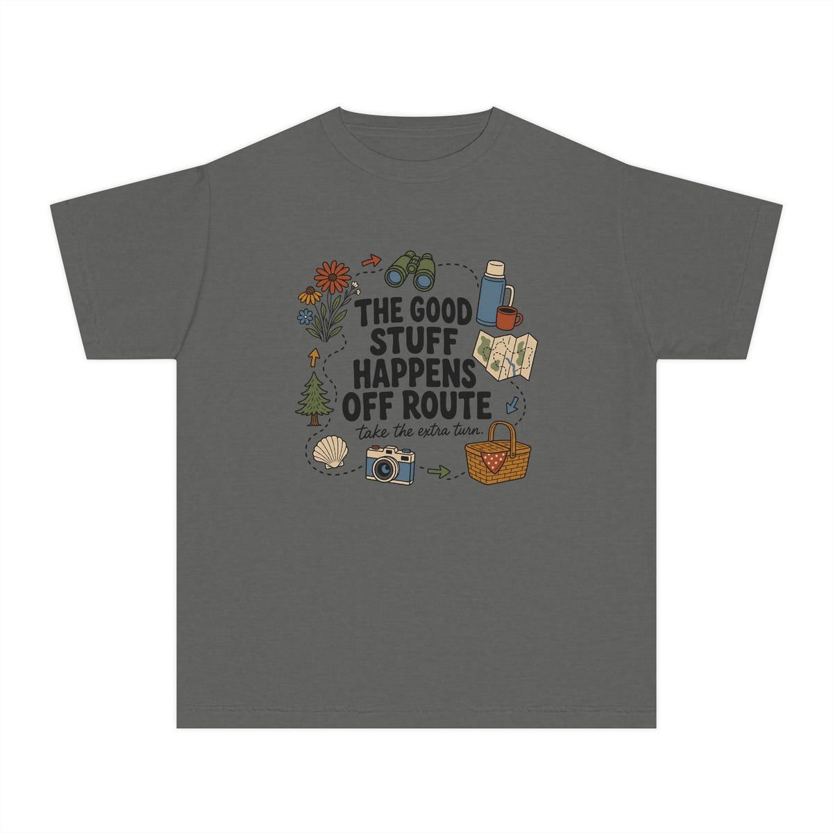 The Good Stuff Happens Off Route Youth Tee – Kids' Comfort Colors Road Trip Shirt in Pepper – flat lay