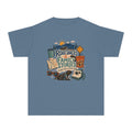 Road Snacks and Family Stories Youth Tee – Kids' Comfort Colors Road Trip Shirt in Blue Jean – flat lay