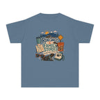 Road Snacks and Family Stories Youth Tee – Kids' Comfort Colors Road Trip Shirt in Blue Jean – flat lay
