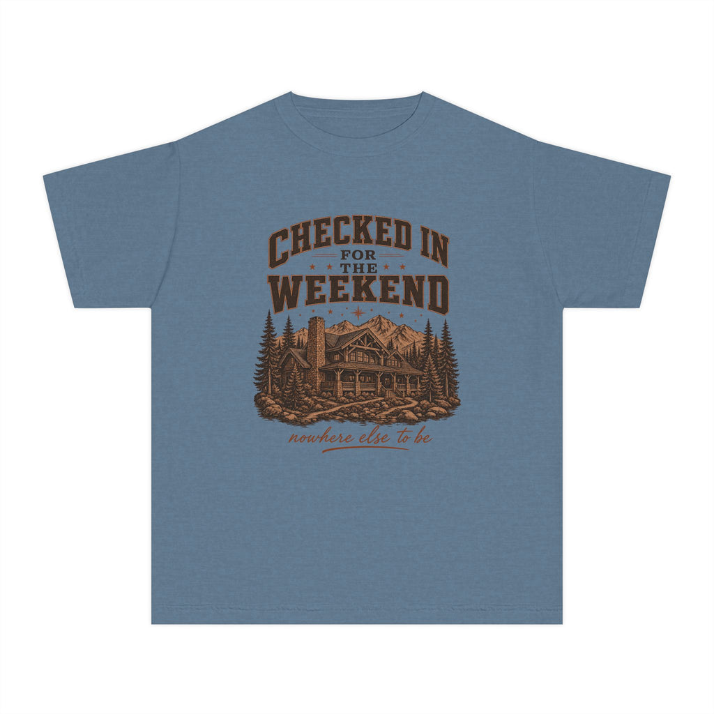 Checked In for the Weekend Youth Tee – Kids' Comfort Colors Cabin Weekend Shirt in Blue Jean – flat lay