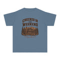 Checked In for the Weekend Youth Tee – Kids' Comfort Colors Cabin Weekend Shirt in Blue Jean – flat lay