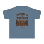 Checked In for the Weekend Youth Tee – Kids' Comfort Colors Cabin Weekend Shirt in Blue Jean – flat lay