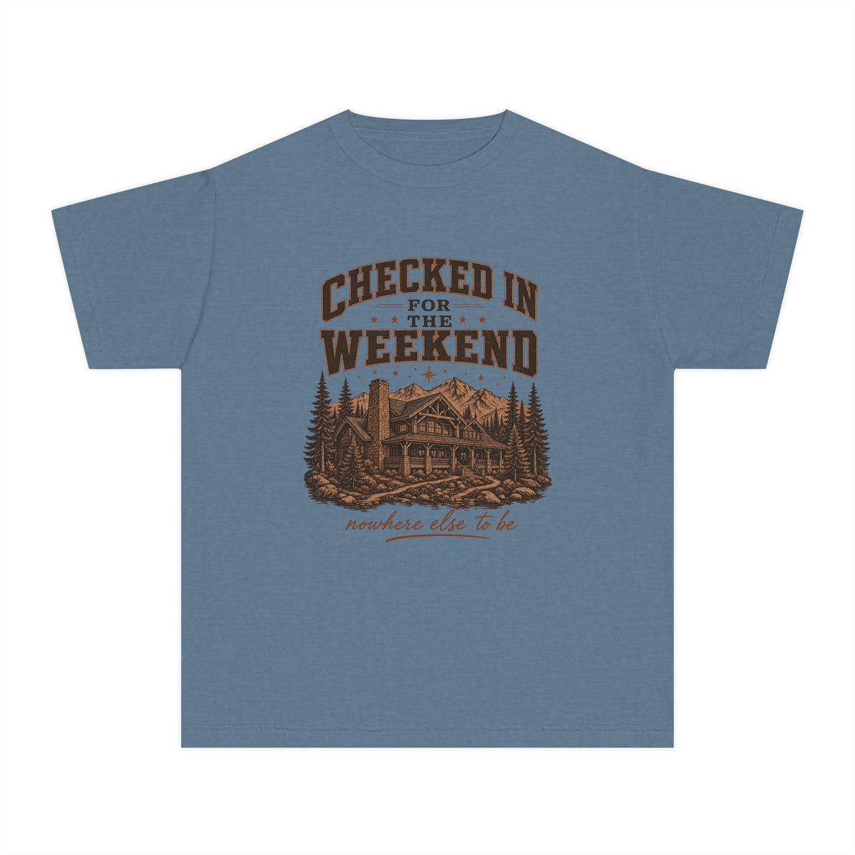 Checked In for the Weekend Youth Tee – Kids' Comfort Colors Cabin Weekend Shirt in Blue Jean – flat lay