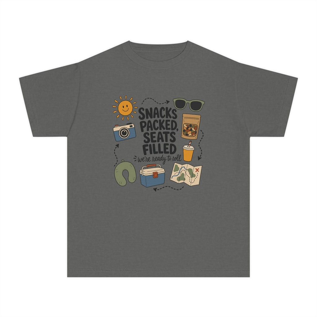 Snacks Packed Seats Filled Youth Tee – Kids' Comfort Colors Road Trip Shirt in Pepper – flat lay