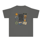Snacks Packed Seats Filled Youth Tee – Kids' Comfort Colors Road Trip Shirt in Pepper – flat lay