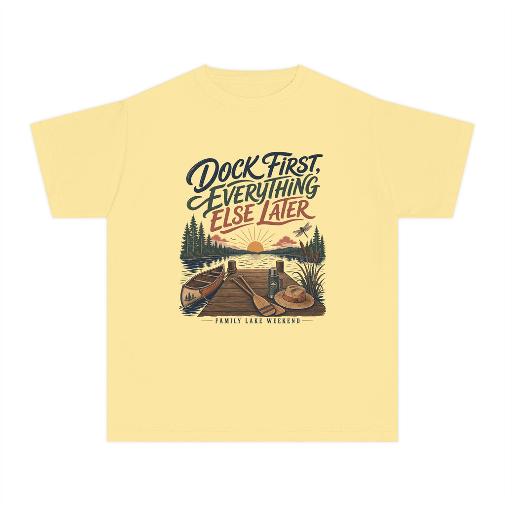 Dock First Everything Else Later Youth Tee – Kids' Comfort Colors Lake Vacation Shirt in Butter – flat lay