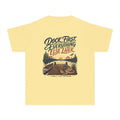 Dock First Everything Else Later Youth Tee – Kids' Comfort Colors Lake Vacation Shirt in Butter – flat lay