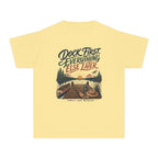 Dock First Everything Else Later Youth Tee – Kids' Comfort Colors Lake Vacation Shirt in Butter – flat lay