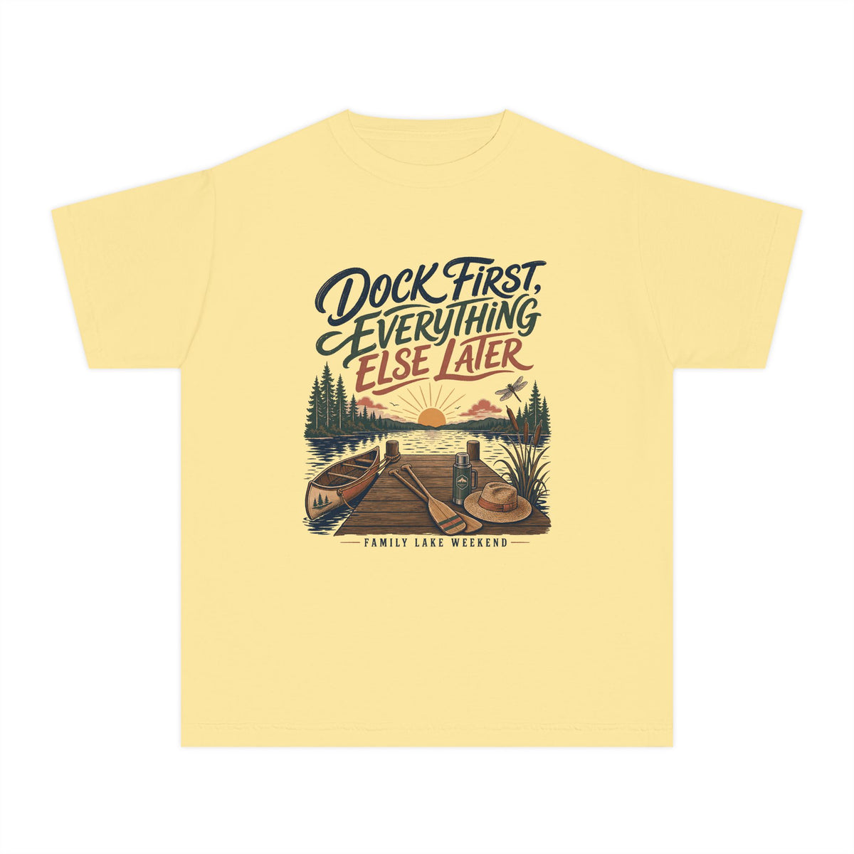 Dock First Everything Else Later Youth Tee – Kids' Comfort Colors Lake Vacation Shirt in Butter – flat lay