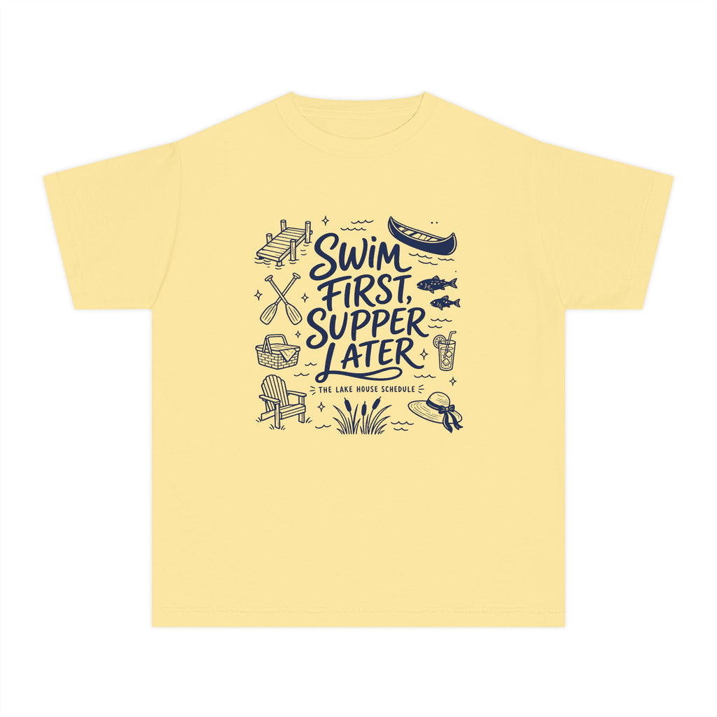 Swim First Supper Later Youth Tee – Kids' Comfort Colors Lake Vacation Shirt in Butter – flat lay