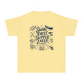 Swim First Supper Later Youth Tee – Kids' Comfort Colors Lake Vacation Shirt in Butter – flat lay