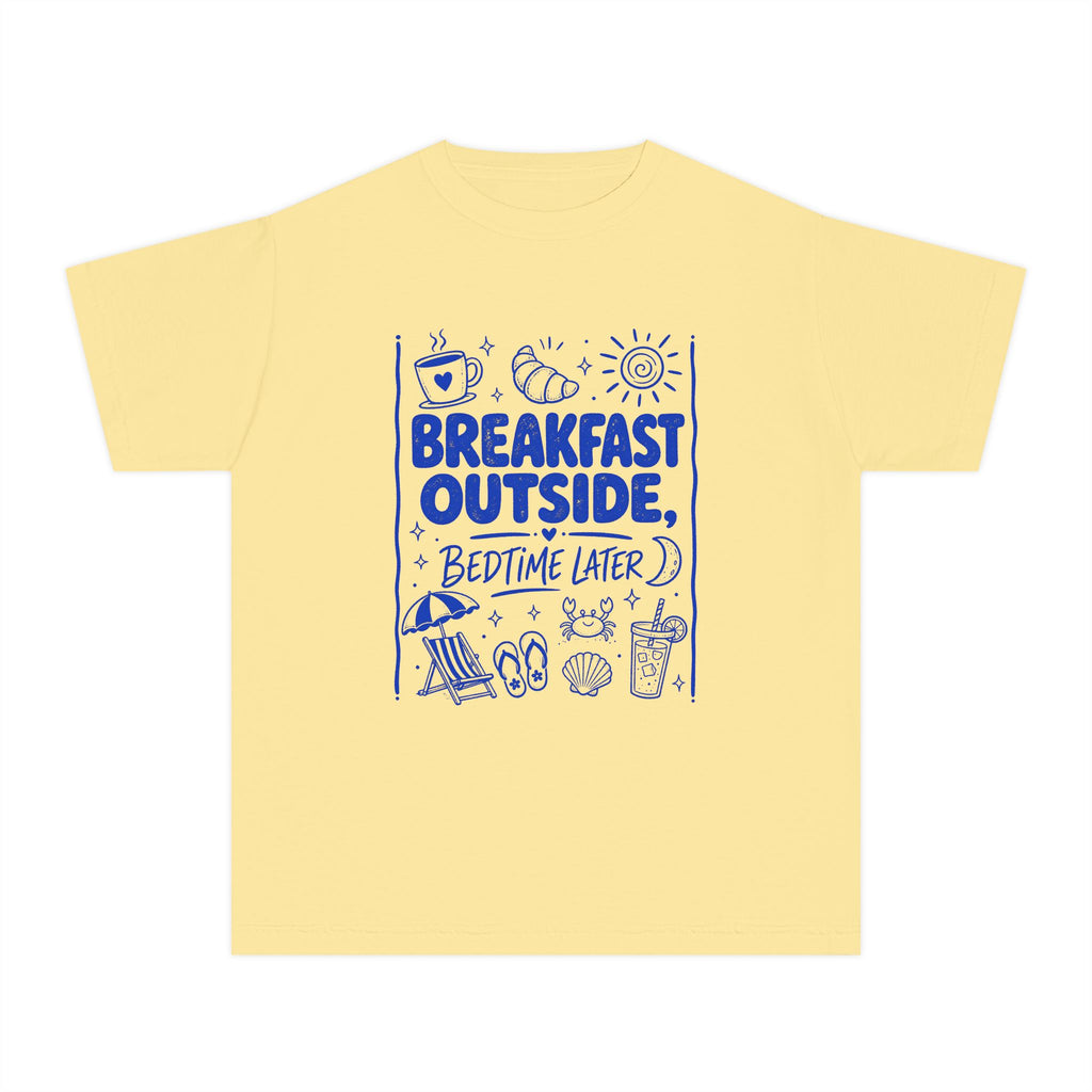 Breakfast Outside Bedtime Later Youth Tee – Kids' Comfort Colors Beach Vacation Shirt in Butter – flat lay