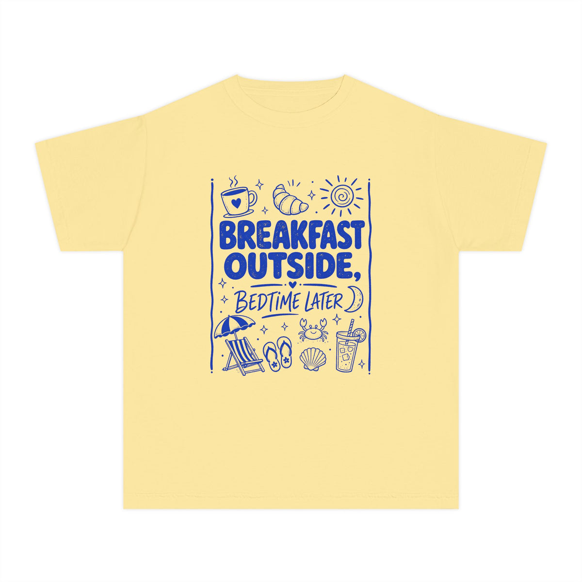 Breakfast Outside Bedtime Later Youth Tee – Kids' Comfort Colors Beach Vacation Shirt in Butter – flat lay