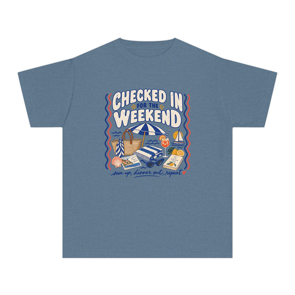 Checked In for the Weekend Youth Tee – Kids' Comfort Colors Beach Vacation Shirt in Blue Jean – flat lay