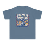 Checked In for the Weekend Youth Tee – Kids' Comfort Colors Beach Vacation Shirt in Blue Jean – flat lay
