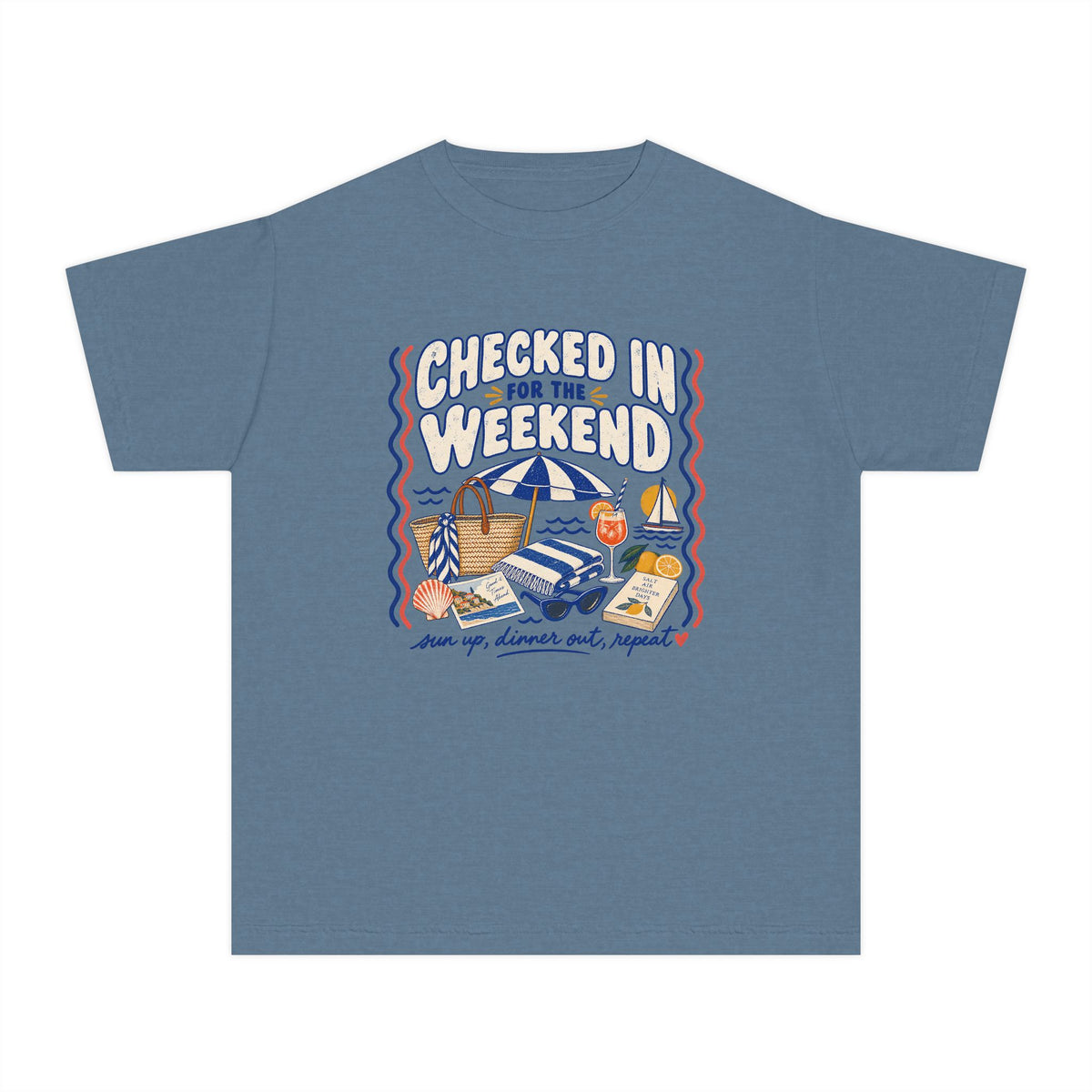 Checked In for the Weekend Youth Tee – Kids' Comfort Colors Beach Vacation Shirt in Blue Jean – flat lay