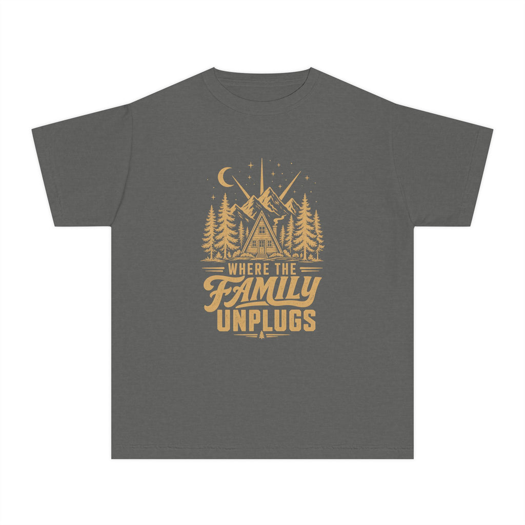Where the Family Unplugs Cabin Youth Tee – Kids' Comfort Colors Cabin Weekend Shirt in Pepper – flat lay