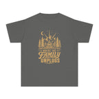 Where the Family Unplugs Cabin Youth Tee – Kids' Comfort Colors Cabin Weekend Shirt in Pepper – flat lay