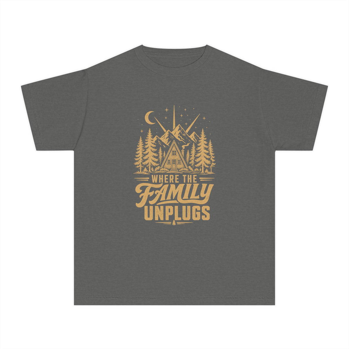 Where the Family Unplugs Cabin Youth Tee – Kids' Comfort Colors Cabin Weekend Shirt in Pepper – flat lay