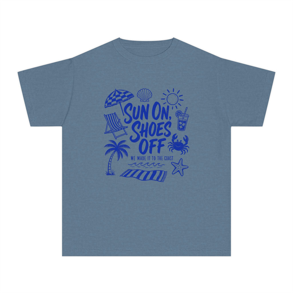 Sun On Shoes Off Youth Tee – Kids' Comfort Colors Beach Vacation Shirt in Blue Jean – flat lay