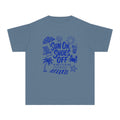 Sun On Shoes Off Youth Tee – Kids' Comfort Colors Beach Vacation Shirt in Blue Jean – flat lay