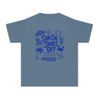 Sun On Shoes Off Youth Tee – Kids' Comfort Colors Beach Vacation Shirt in Blue Jean – flat lay