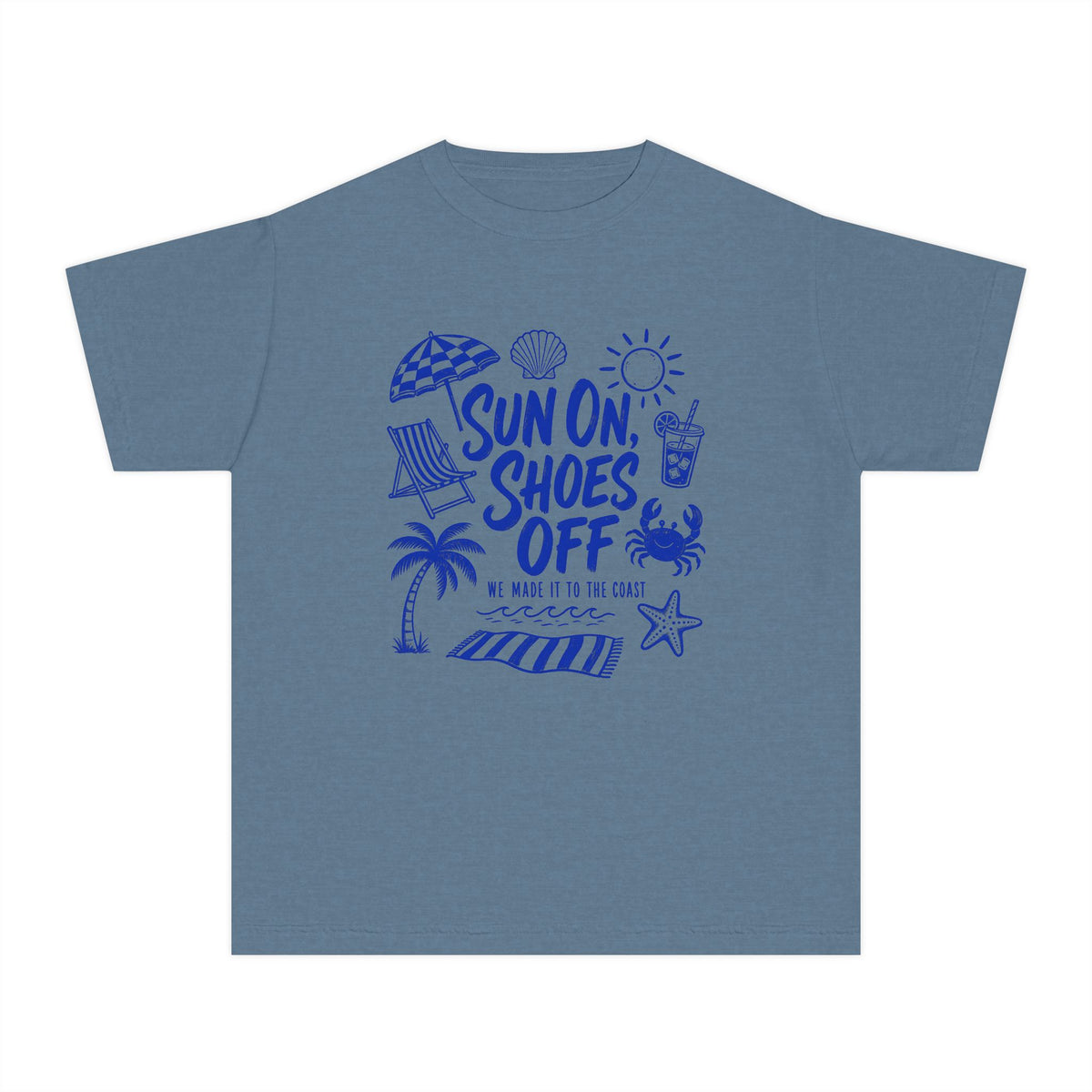 Sun On Shoes Off Youth Tee – Kids' Comfort Colors Beach Vacation Shirt in Blue Jean – flat lay