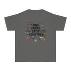 One More Stop Together Youth Tee – Kids' Comfort Colors Road Trip Shirt in Pepper – flat lay