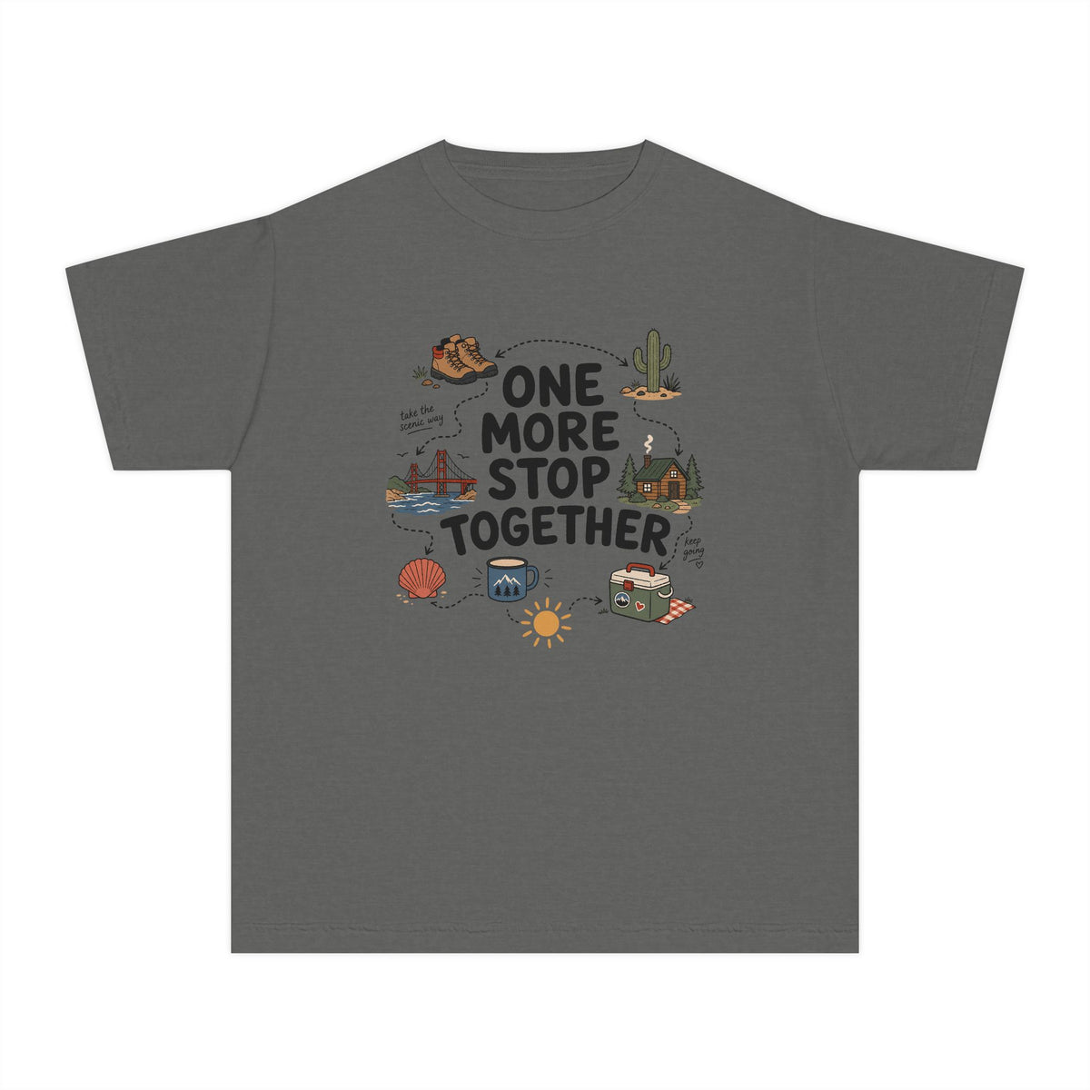 One More Stop Together Youth Tee – Kids' Comfort Colors Road Trip Shirt in Pepper – flat lay