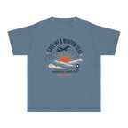 Save Me a Window Seat Youth Tee – Kids' Comfort Colors Family Travel Shirt in Blue Jean – flat lay