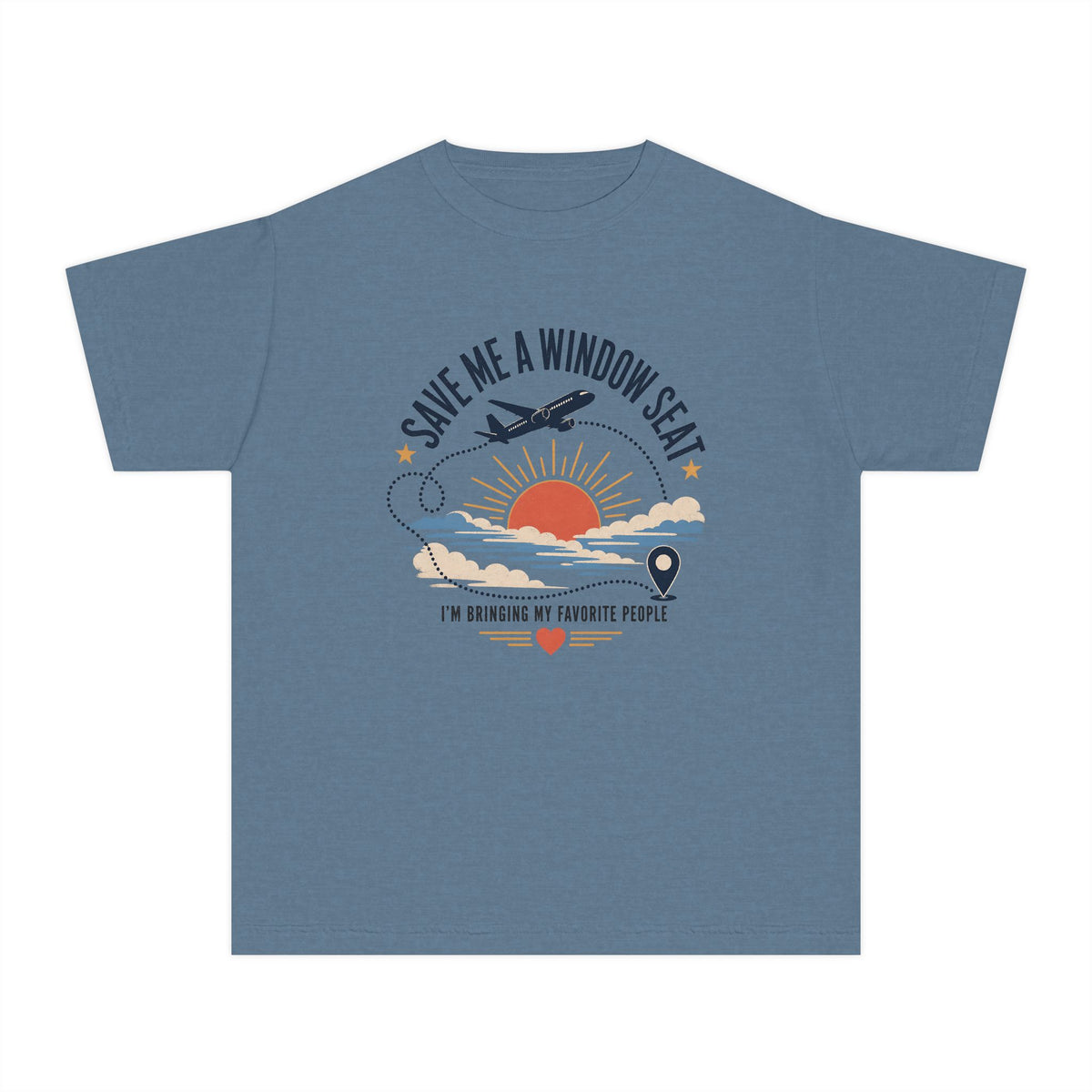 Save Me a Window Seat Youth Tee – Kids' Comfort Colors Family Travel Shirt in Blue Jean – flat lay