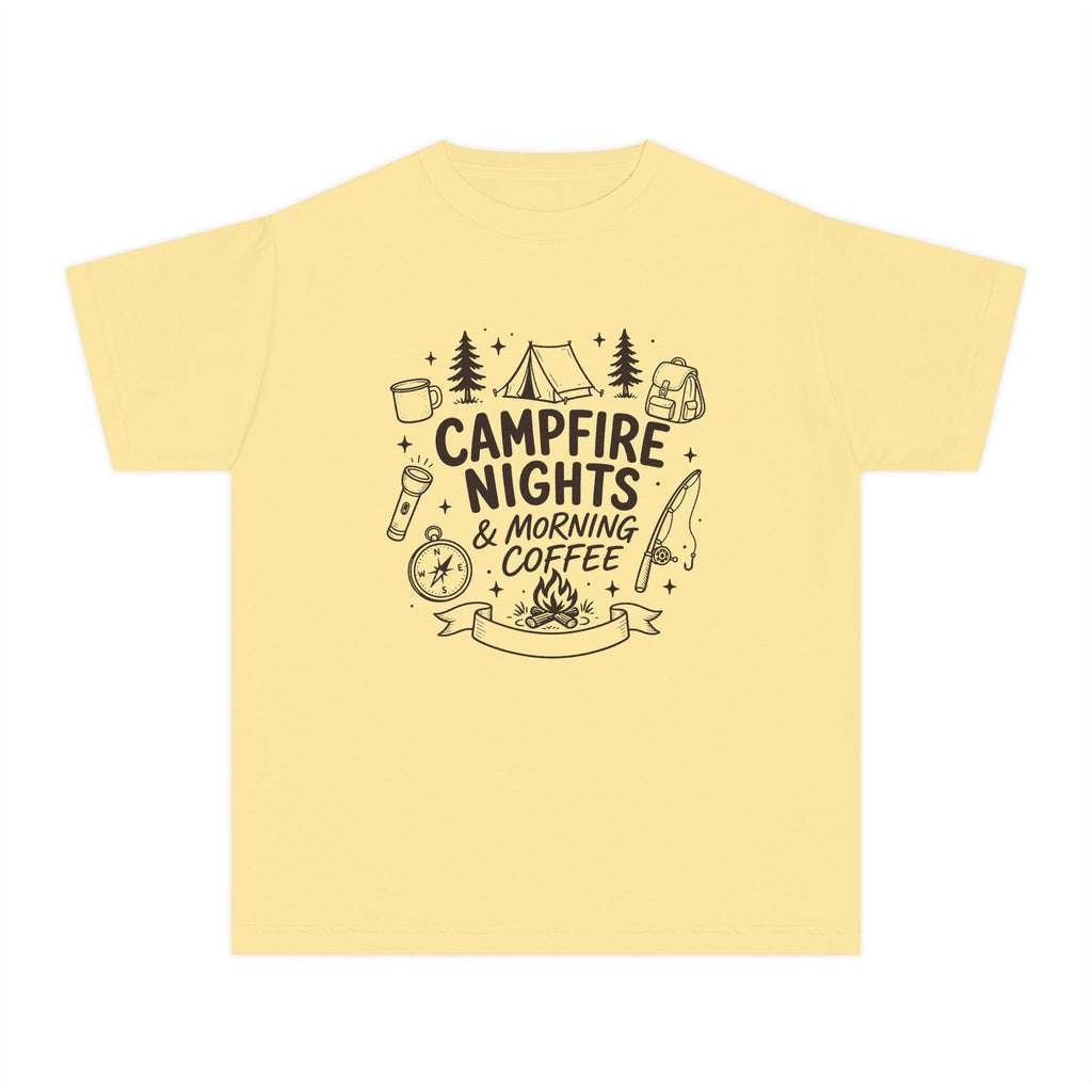 Campfire Nights and Morning Coffee Youth Tee – Kids' Comfort Colors Camping Shirt in Butter – flat lay