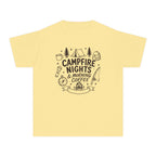 Campfire Nights and Morning Coffee Youth Tee – Kids' Comfort Colors Camping Shirt in Butter – flat lay