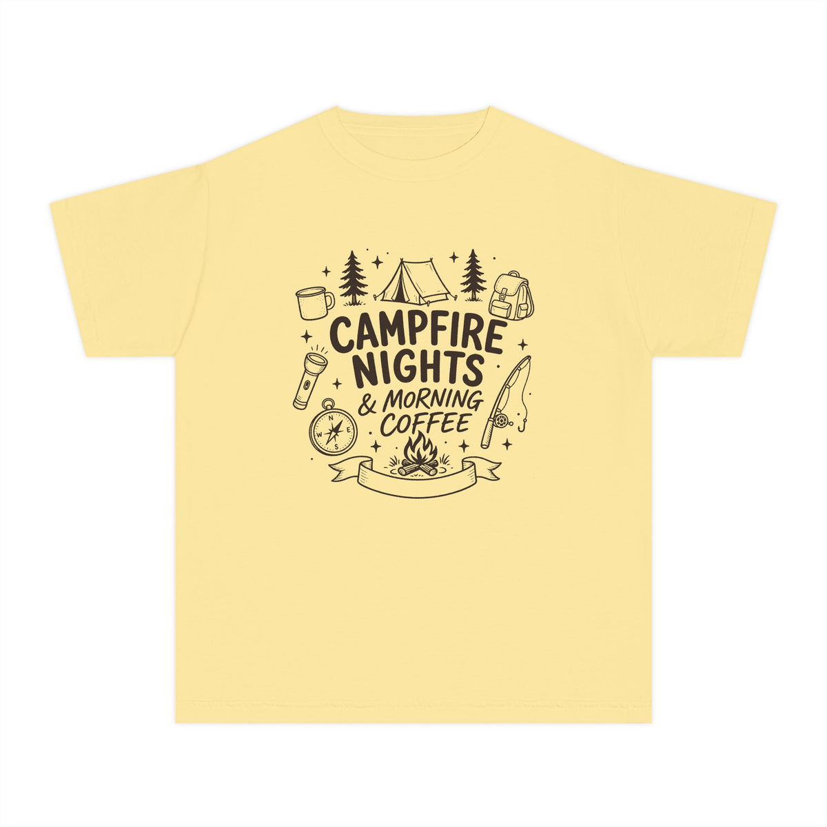 Campfire Nights and Morning Coffee Youth Tee – Kids' Comfort Colors Camping Shirt in Butter – flat lay