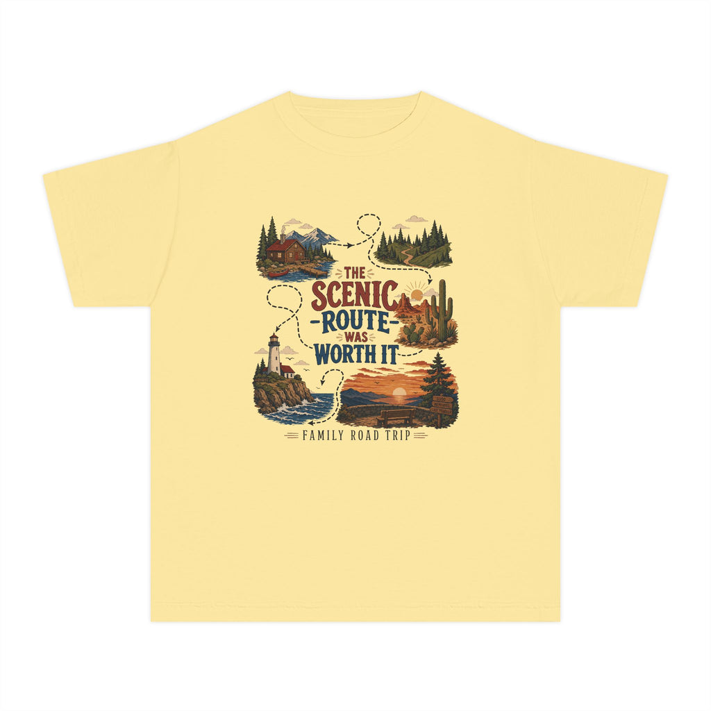 The Scenic Route Was Worth It Youth Tee – Kids' Comfort Colors Road Trip Shirt in Butter – flat lay