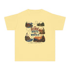 The Scenic Route Was Worth It Youth Tee – Kids' Comfort Colors Road Trip Shirt in Butter – flat lay